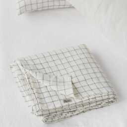 Charcoal Grid Linen Flat Sheet - Windowpane Check Bedding Stonewashed European Top Modern Minimalist Style Queen King Size - thumbnail 2