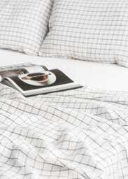 Charcoal Grid Linen Flat Sheet - Windowpane Check Bedding Stonewashed European Top Modern Minimalist Style Queen King Size - thumbnail 1