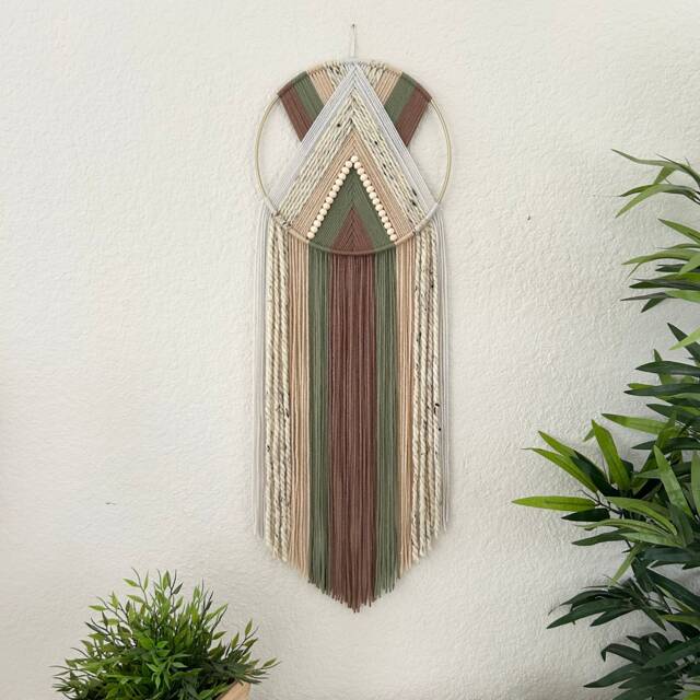 Yarn Hoop Wall Hanging, Modern Boho Tapestry, Brown Green Decor - image 1