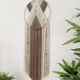 Yarn Hoop Wall Hanging, Modern Boho Tapestry, Brown Green Decor - thumbnail 4