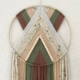 Yarn Hoop Wall Hanging, Modern Boho Tapestry, Brown Green Decor - thumbnail 3