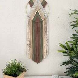 Yarn Hoop Wall Hanging, Modern Boho Tapestry, Brown Green Decor - thumbnail 2
