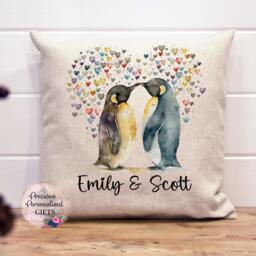 Valentines Gift, Personalised Penguin Couple Cushion, Gift, Wedding Anniversary Gift. Wife, Husband, Girlfriend, Boyfriend - thumbnail 1