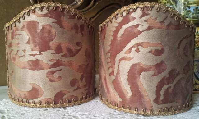 Pair Of Wall Sconce Clip-On Shield Shades Fortuny Fabric Deep Burgundy & Gold Sevigne Pattern Mini Lampshade - Handmade in Italy - image 1