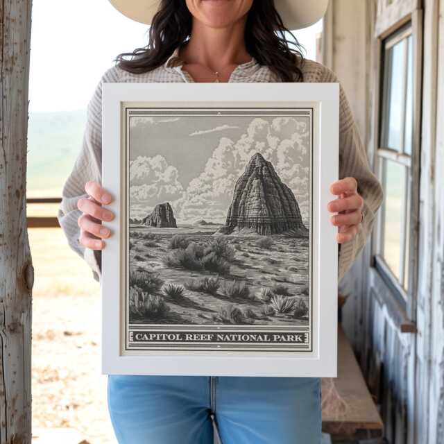 Capitol Reef National Park Lithograph Style Print - Vintage Utah Archival Matte Fine Art Print. Cathedral Valley Castle Desert Gift - image 1