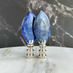 Lapis Lazuli Lamp Finials On Shiny Chrome Hardware - A Matching Pair Of Blue Stone Toppers - thumbnail 2