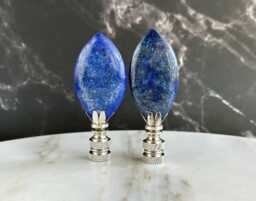 Lapis Lazuli Lamp Finials On Shiny Chrome Hardware - A Matching Pair Of Blue Stone Toppers - thumbnail 1