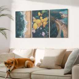 Canvas Set Of 3 Wall Art - Sea Beach Lemons Mountain Landscape Coastal Road, Turquoise Print On Canvas, Landscapes Decor