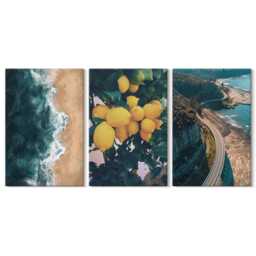 Canvas Set Of 3 Wall Art - Sea Beach Lemons Mountain Landscape Coastal Road, Turquoise Print On Canvas, Landscapes Decor - thumbnail 2