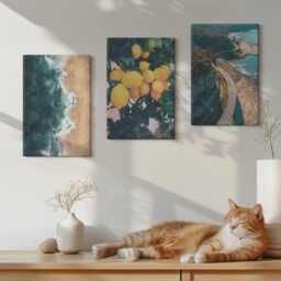 Canvas Set Of 3 Wall Art - Sea Beach Lemons Mountain Landscape Coastal Road, Turquoise Print On Canvas, Landscapes Decor - thumbnail 3