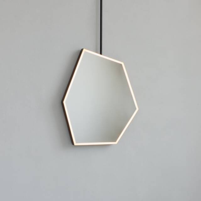Hexagon Illuminated Ceiling Suspended Irregular Mirror With Bronze Patina Frame Sensor Switch - image 1