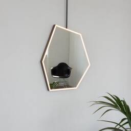 Hexagon Illuminated Ceiling Suspended Irregular Mirror With Bronze Patina Frame Sensor Switch - thumbnail 3