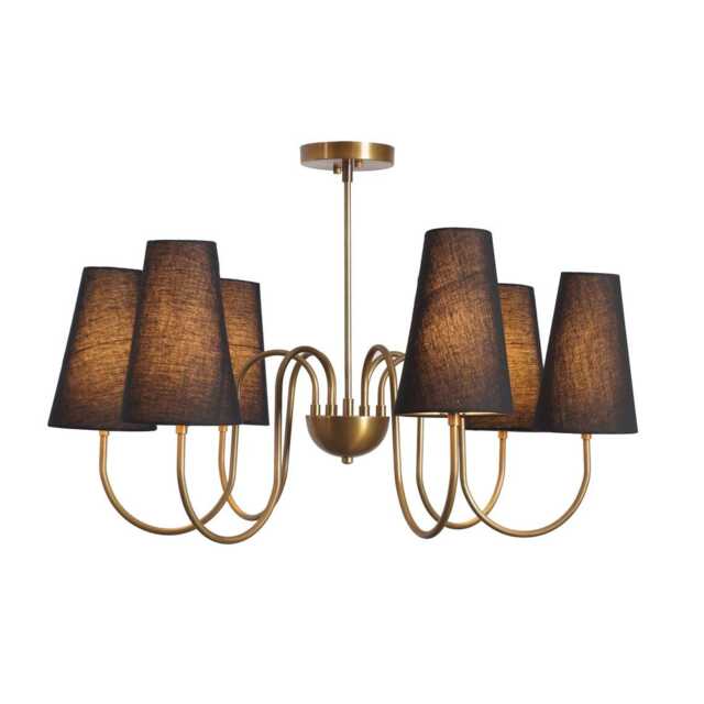 Mid-Century Brass Chandelier, Six-Arm Sputnik Light With Linen Shades - image 1