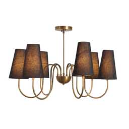 Mid-Century Brass Chandelier, Six-Arm Sputnik Light With Linen Shades - thumbnail 1