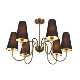 Mid-Century Brass Chandelier, Six-Arm Sputnik Light With Linen Shades - thumbnail 2