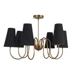 Mid-Century Brass Chandelier, Six-Arm Sputnik Light With Linen Shades - thumbnail 3