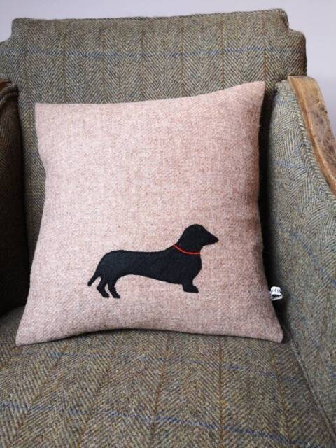 Hand Crafted Harris Tweed Sausage Dog Dachshund Embroidered Cushion Cover - image 1