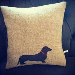 Hand Crafted Harris Tweed Sausage Dog Dachshund Embroidered Cushion Cover - thumbnail 2