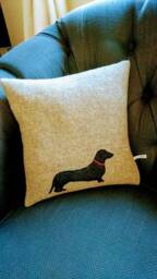 Hand Crafted Harris Tweed Sausage Dog Dachshund Embroidered Cushion Cover - thumbnail 3