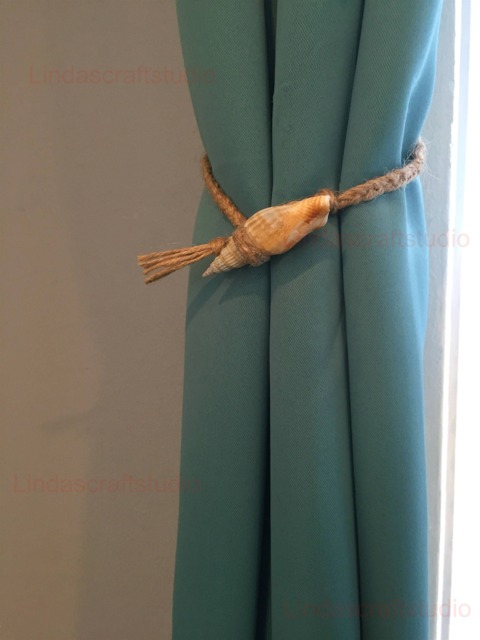 Natural Cone Shell Curtain Tiebacks Hemp Rope, Nautical Decor - image 1