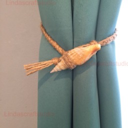 Natural Cone Shell Curtain Tiebacks Hemp Rope, Nautical Decor - thumbnail 2