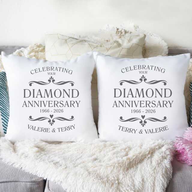 Personalised Pair Of Diamond Anniversary Cushions - 60Th Wedding Gift Gifts For Couples - image 1