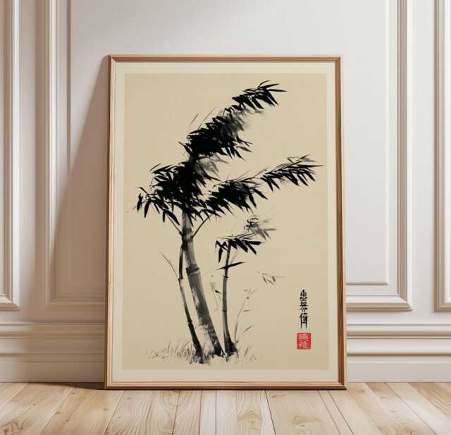 Japanese Bamboo Ink Poster, Zen Botanical Wall Art, Minimal Sumi Print - image 1
