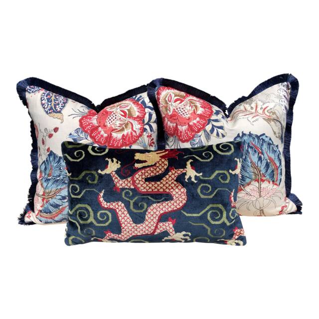 Schumacher Bixi Velvet Lumbar Pillow in Navy Blue. Dragon Pillow, Red Chinoiserie Cushion, Asian Cover, Luxurious - image 1