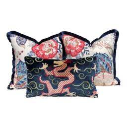 Schumacher Bixi Velvet Lumbar Pillow in Navy Blue. Dragon Pillow, Red Chinoiserie Cushion, Asian Cover, Luxurious