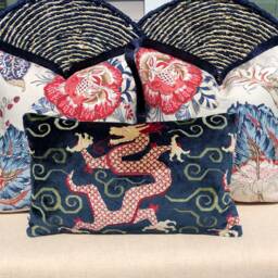 Schumacher Bixi Velvet Lumbar Pillow in Navy Blue. Dragon Pillow, Red Chinoiserie Cushion, Asian Cover, Luxurious - thumbnail 4