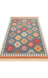 Cotton Turkish Kilim Rug Washable Recycled Flatweave, Bohemian Decor - thumbnail 1