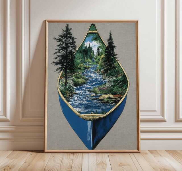 Canoe River Poster, Nature Travel Forest Wall Art, Landscape Print, Wilderness Outdoor Adventure Art Decor - image 1