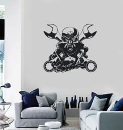Wall Vinyl Decal Car Skull Engine Steam Punk Auto Repair Tools Decor For Garage Man Cave - #1029Di - thumbnail 1