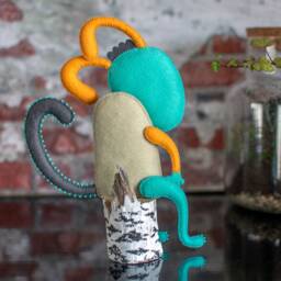 Brawler Bunny - Handmade Felt Sculpture, Whimsical Textile Art, Mischievous Rabbit On A Log - thumbnail 4