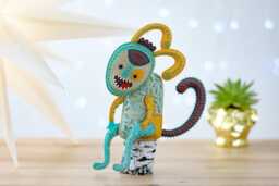 Brawler Bunny - Handmade Felt Sculpture, Whimsical Textile Art, Mischievous Rabbit On A Log - thumbnail 1