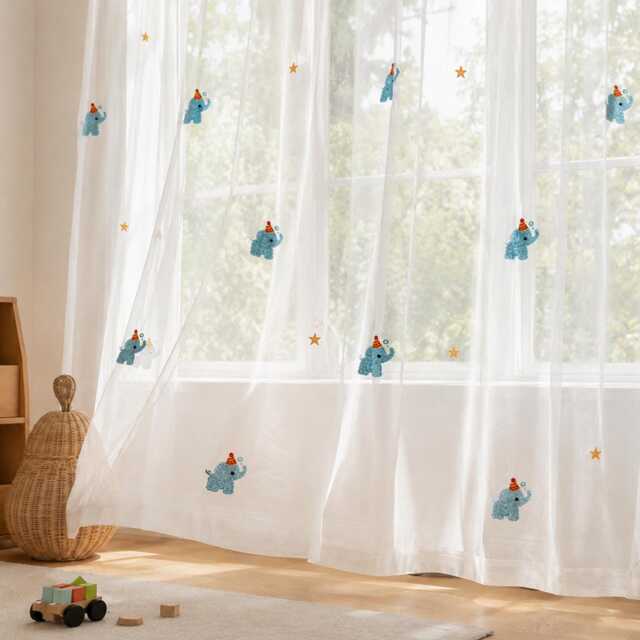 Nursery Embroidered Elephant Curtains For Kids Room, Star & Little Elephant, Sheer Or Blackout Drapery - image 1