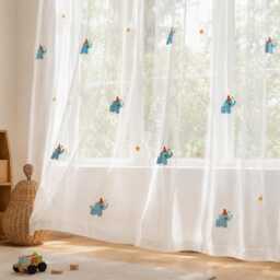 Nursery Embroidered Elephant Curtains For Kids Room, Star & Little Elephant, Sheer Or Blackout Drapery - thumbnail 1
