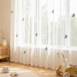 Nursery Embroidered Elephant Curtains For Kids Room, Star & Little Elephant, Sheer Or Blackout Drapery - thumbnail 2