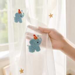 Nursery Embroidered Elephant Curtains For Kids Room, Star & Little Elephant, Sheer Or Blackout Drapery - thumbnail 3