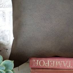 Two-Tone Faux Leather Pillow Cover Dark Brown & Gray Linen - thumbnail 2