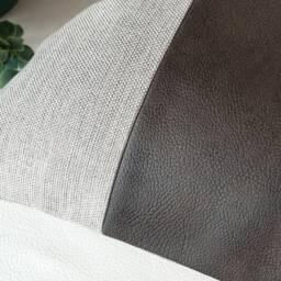 Two-Tone Faux Leather Pillow Cover Dark Brown & Gray Linen - thumbnail 4
