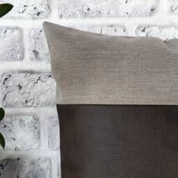 Two-Tone Faux Leather Pillow Cover Dark Brown & Gray Linen - thumbnail 3