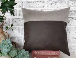 Two-Tone Faux Leather Pillow Cover Dark Brown & Gray Linen