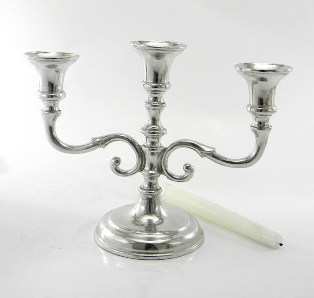 Beautiful English Style Candlestick Three Fires in Polished Pewter. Made Italy, Craftsmanship - image 1