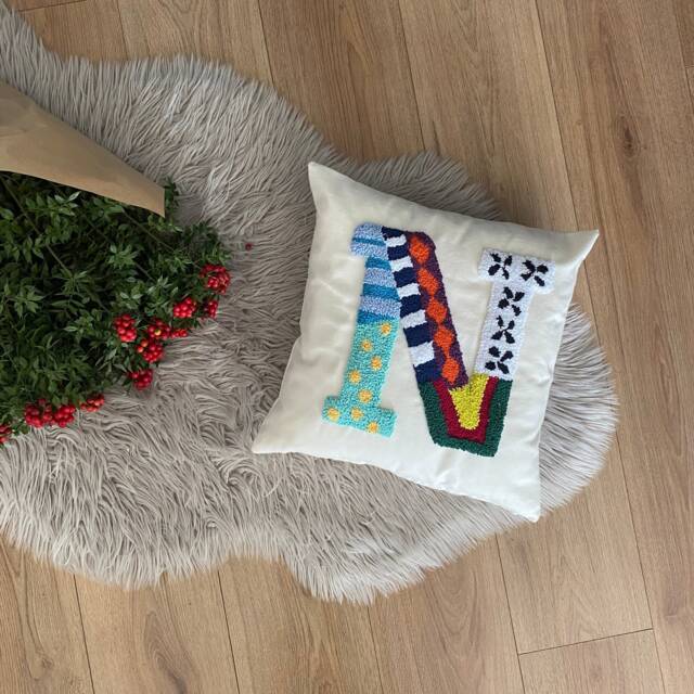 Embroidered Letter Pillow, Personalized Initial New Home Ornament, Housewarming Gift, Farmhouse Decor Idea, Handmade Punch Needle Art - image 1