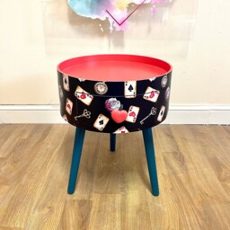 Black & Red Bedside Table , Alice in Wonderland Inspired Nightstand, Queen Of Hearts Design Black White . Tarot Cards Side