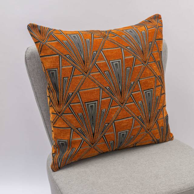 Art Deco Geometric Extra-Large Cushion. Luxury Velvet Chenille. Burnt Orange & Silver. Bold 20S 30S Style. 23X23 - image 1