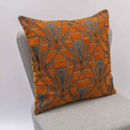 Art Deco Geometric Extra-Large Cushion. Luxury Velvet Chenille. Burnt Orange & Silver. Bold 20S 30S Style. 23X23