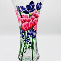 Hand Painted Vase/ Tulips & Freesia's/Glass Tulip Design - thumbnail 2