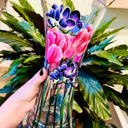 Hand Painted Vase/ Tulips & Freesia's/Glass Tulip Design - thumbnail 3